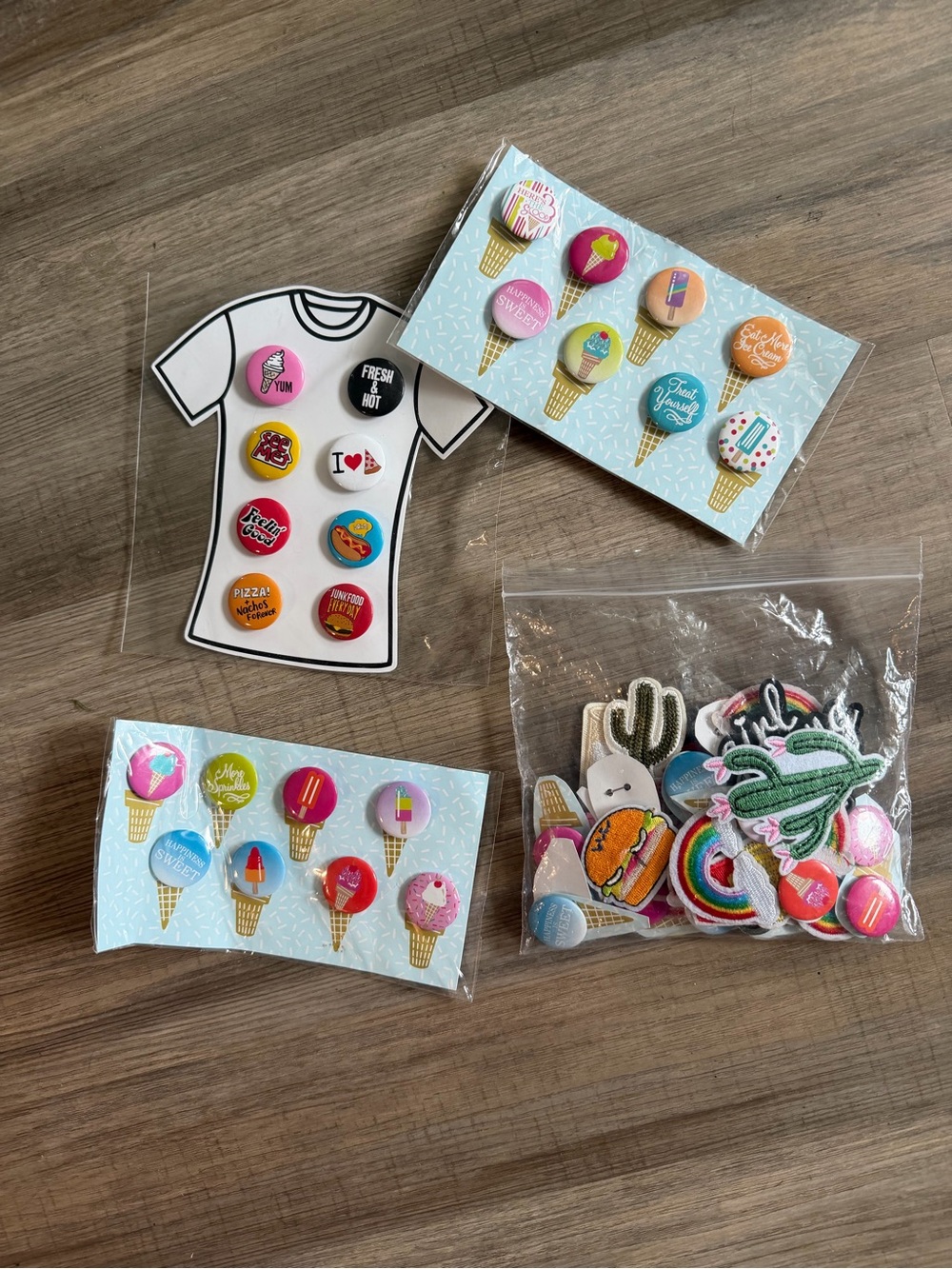 Assorted Ice Cream & Food Button Pin Set - Pink, Yellow, Blue
